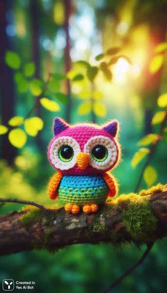 Яркий вязаный совёнок в объятиях леса. Изображение из нейронной сети Dalle