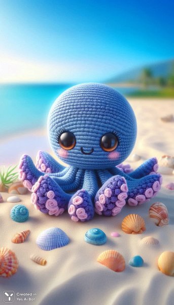 Очаровательный осьминог крючком на песчаном пляже среди ракушек и камешков. Изображение из нейросети Далли 3