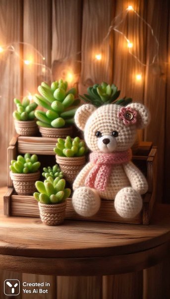 Уютный вязаный мишка с розовым шарфом на деревянной полочке. Генерация из нейросети Dalle 3
