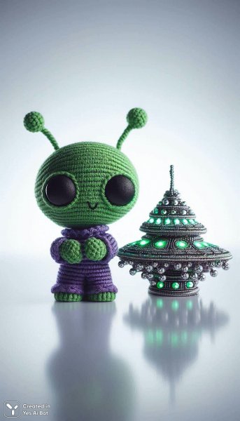 Инопланетяшка из пряжи и серебряная ракета. Картинка из нейронной сети Dalle 3