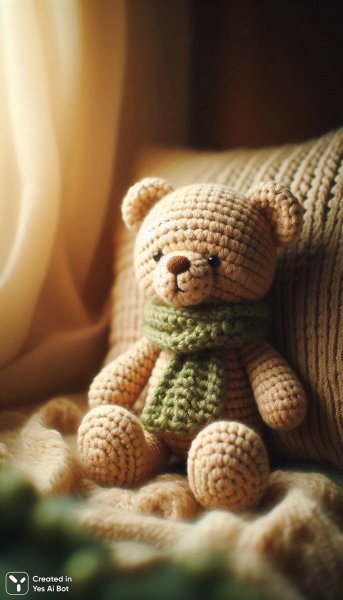 Милый вязаный медвежонок в уютном интерьере с тёплым светом и зелёным шарфом. Картинка из нейронной сети Dalle-3