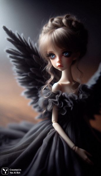 Кукла с голубыми глазами и вязаными крыльями в черном платье. Генерация из нейронной сети Dalle