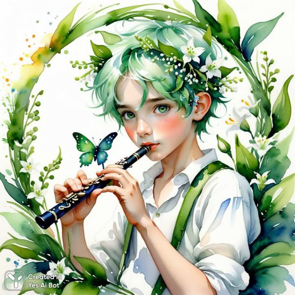 Весенний мальчик с флейтой: акварель и акрил в стиле Аруша Вотзмуса. Картинка из нейросети Stable Diffusion