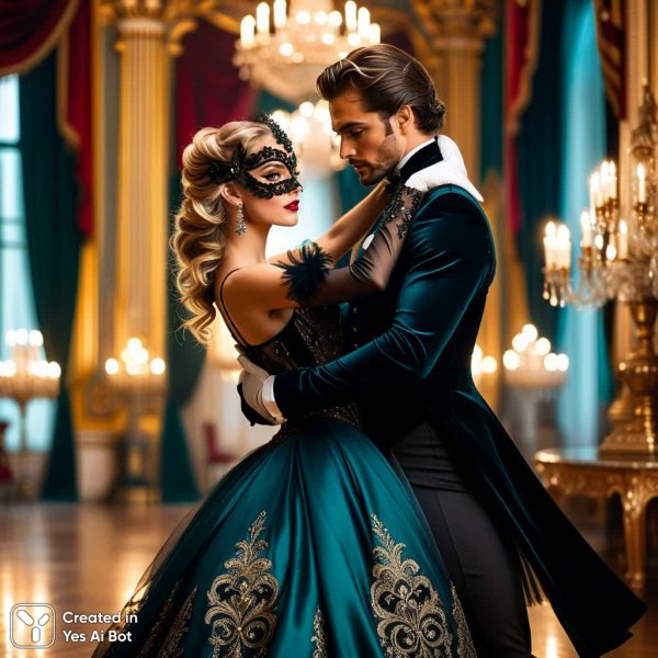 Изысканный танец в масках: роскошь и загадочная атмосфера балла. Изображение из нейросети Stable Diffusion