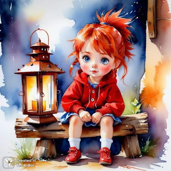 Маленькая девочка с озорным взглядом и волосами-шиповкой у фонаря. Изображение из нейронной сети Stable Diffusion