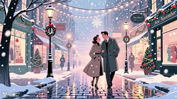 Новогодняя сказка в городе: нежность и очарование на мокром камне. Картинка из нейросети Qwen Images