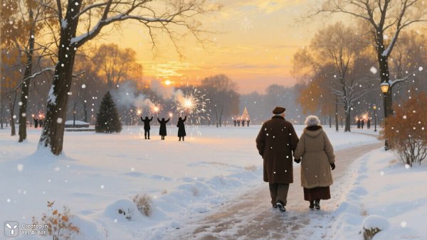 Зимний парк на закате: ожидание новогодних чудес и тихая красота ноября. Генерация из нейросети Qwen Image