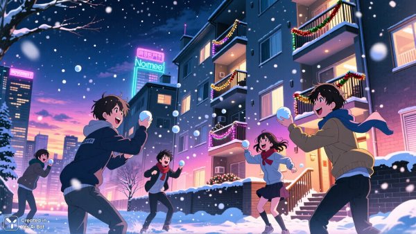 Снежная битва подростков в зимнем городе под неоновым небом. Картинка из нейросети Qwen Images