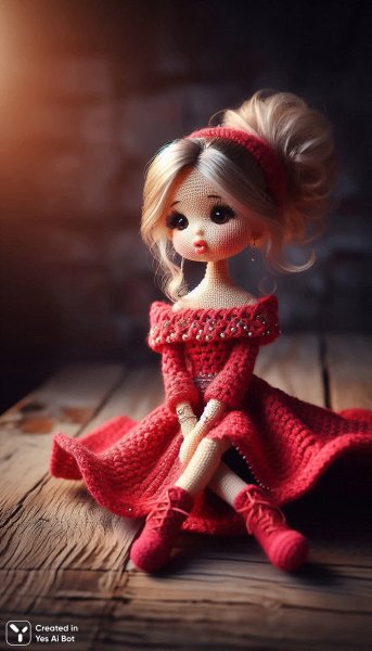 Кукла в алом вязаном наряде: детали и стиль. Картинка из нейросети Далли 3