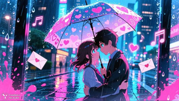 Неоновый поцелуй под дождем в большом городе. Картинка из нейронной сети QWEN
