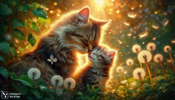Нежность материнства: кошка и котёнок в солнечном саду. Картинка из нейросети Dalle-3