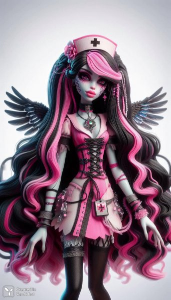 Готическая пиратка-медсестра: концепт арта в стиле Monster High с кристальными крыльями и длинными косами. Нейросеть Dalle