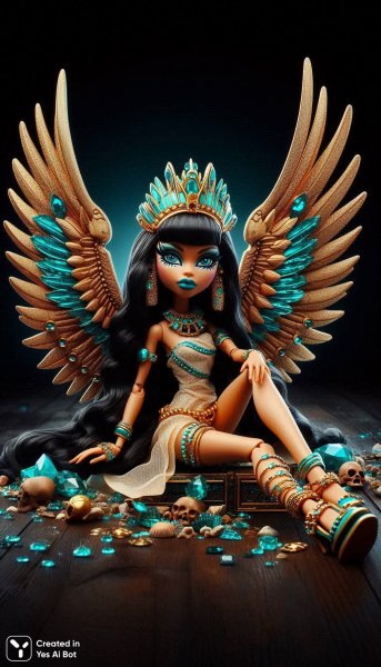 Клеопатра из Монстер Хай с крыльями из драгоценных камней и египетским головным убором. Картинка из нейронной сети Dalle