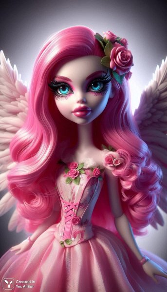 Розовый монстр Хай с крыльями ангела в платье из роз и ярким макияжем глаз. Картинка из нейронной сети Dalle 3