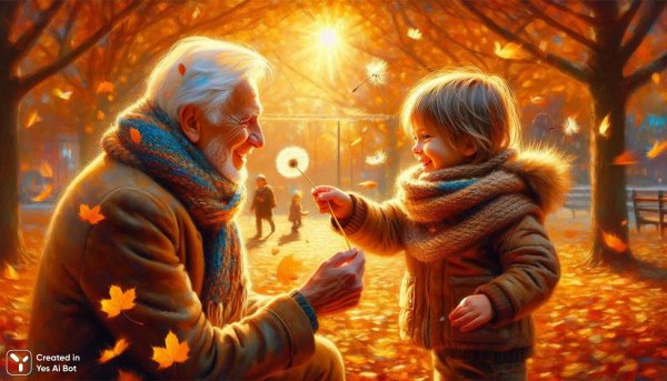 Осеннее чудо: внук дарит дедушке одуванчик в парке. Изображение из нейросети Dalle
