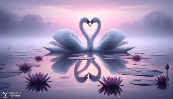 Любовь лебедей на рассвете: сказочное отражение в туманной дымке. Генерация из нейросети Dalle