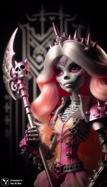 Скелетная кукла в серебристой броне и розово-оранжевом платье. Нейронная сеть Dalle