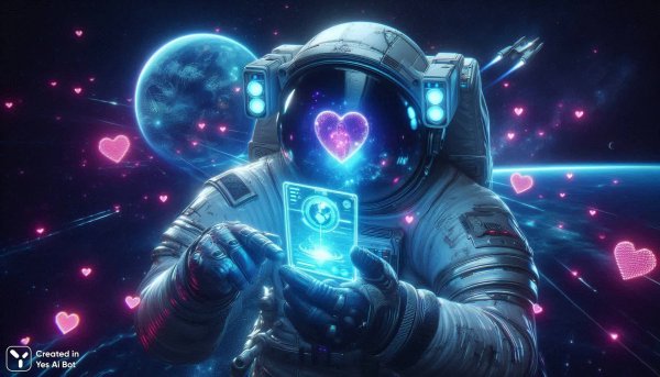 Астронавт в космосе: голографическая любовь и цифровые сердца. Картинка из нейросети Dalle