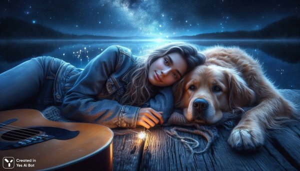Безмятежная ночь на старой пристани с любимым псом. Изображение из нейронной сети Dalle