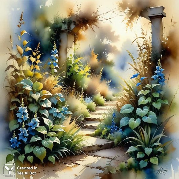 Заброшенный сад в стиле Ли Богла: акварельный туман и приглушенные тона. Картинка из нейросети Stable Diffusion