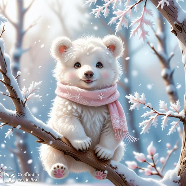 Милый медвежонок в зимней сказке: пух и нежность на белом фоне. Нейронная сеть Stable Diffusion