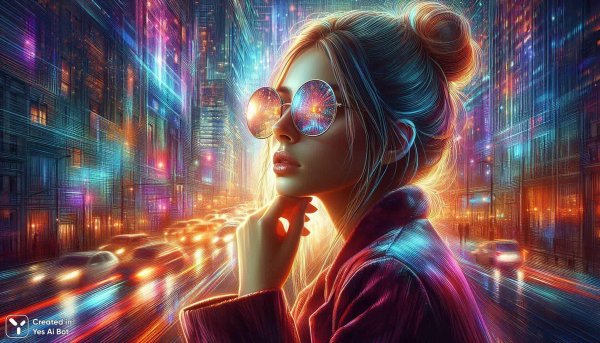 Размышления в неоновом городе: калейдоскоп отражений и огней. Картинка из нейронной сети Далли 3