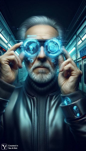 Пожилой мужчина в футуристических очках: город будущего оживает. Генерация из нейронной сети Dalle