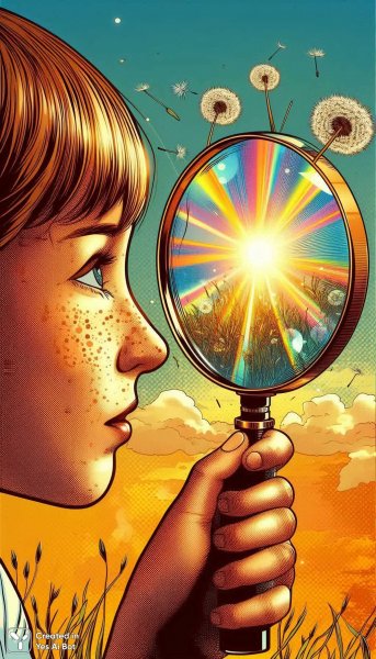 Маленький исследователь и волшебство солнечного света сквозь старинную лупу. Картинка из нейросети Далли 3