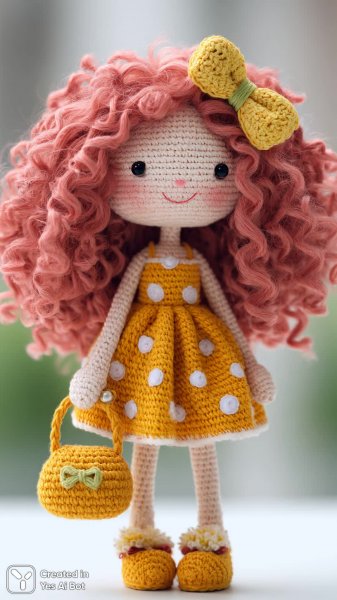 Милая вязаная кукла в розовых локонах и ярком платье с горошком. Изображение из нейросети Midjourney