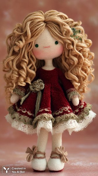 Кукла ручной работы в алом бархатном платье с кружевной отделкой и золотыми локонами. Генерация из нейросети Midjourney