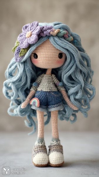 Милая вязаная кукла с голубыми волосами и радужным настроением. Картинка из нейронной сети Midjourney