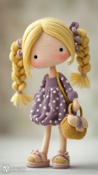Яркая кукла амигуруми с жёлтыми косичками и розовыми щёчками в фиолетовом платье. Картинка из нейросети Midjourney