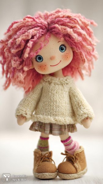 Милая вязаная кукла с розовыми волосами и синими глазами в забавном образе. Картинка из нейросети Миджорни