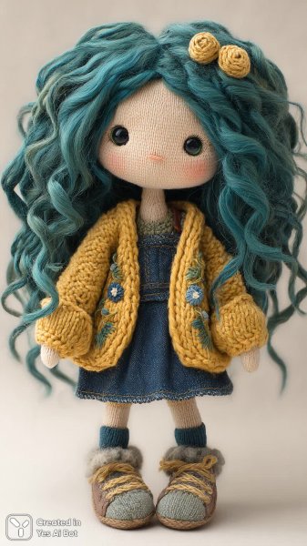 Объятия вязаной куклы с нежно-бирюзовыми локонами и теплым кардиганом. Изображение из нейронной сети Midjourney