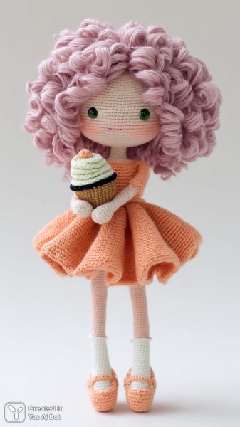 Милая вязаная кукла с лавандовыми локонами и зелеными глазами. Нейронная сеть Миджорни