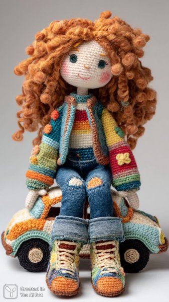 Милая вязаная кукла в ярких цветах и с улыбкой на белом фоне. Нейронная сеть Midjourney