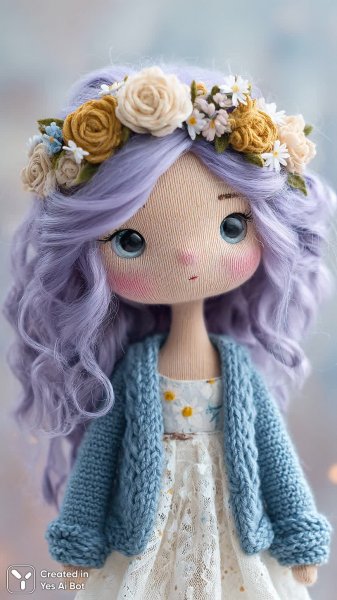 Милая вязаная кукла в лавандовом платье и голубом кардигане среди цветов и деревьев. Генерация из нейросети Midjourney