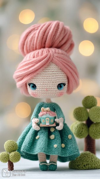 Милая вязаная кукла с розовой прической и уютным домиком. Нейросеть Midjourney