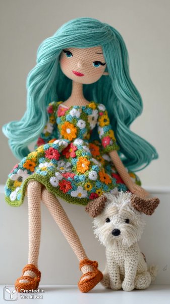 Кукла амигуруми в летнем саду. Картинка из нейронной сети Миджорни