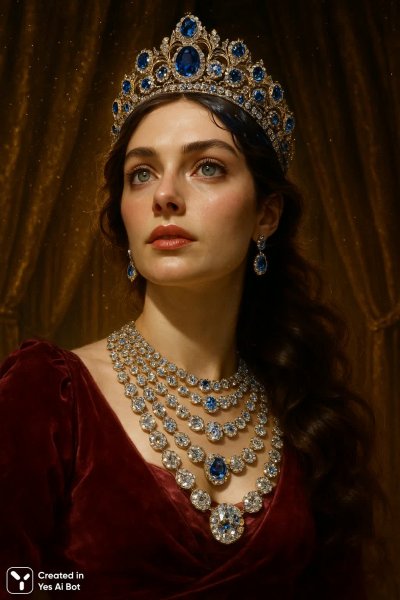 Изумрудный взгляд и сапфировая тиара: роскошь дворцового великолепия в стиле Климта. Изображение из нейронной сети Sora Images