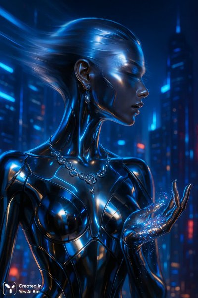 Неоновый киберпанк: андроиды и блеск жидкого платины в ночном городе будущего. Генерация из нейронной сети Sora Images
