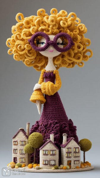 Кудрявая рукодельная кукла в фиолетовом платье и очки. Нейронная сеть Midjourney