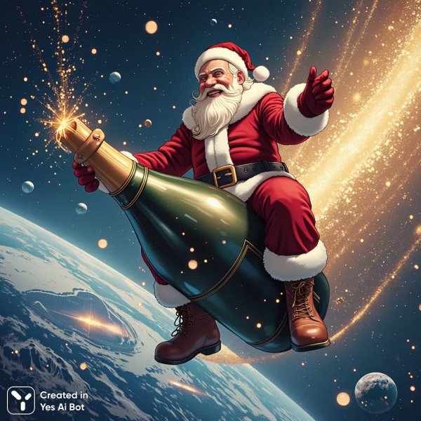 Космическое приключение Санты: Праздничный взрыв шампанского над Землей. Нейронная сеть Flux Ai