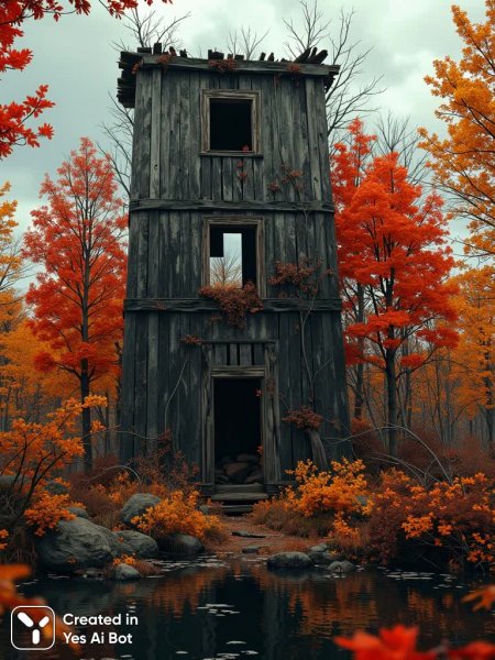 Забытая башня в осенней дымке: величие увядания и тихая красота прошлого. Картинка из нейросети Flux 1