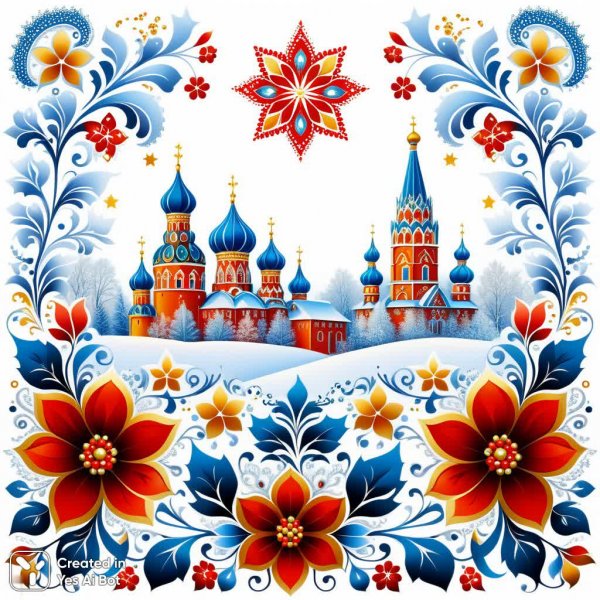 Зимняя сказка в русском стиле с кружевными узорами. Картинка из нейронной сети Stable Diffusion