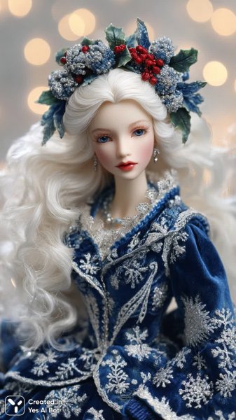 Праздничная кукла ручной работы с серебряными волосами и сверкающим платьем. Картинка из нейросети Миджорни