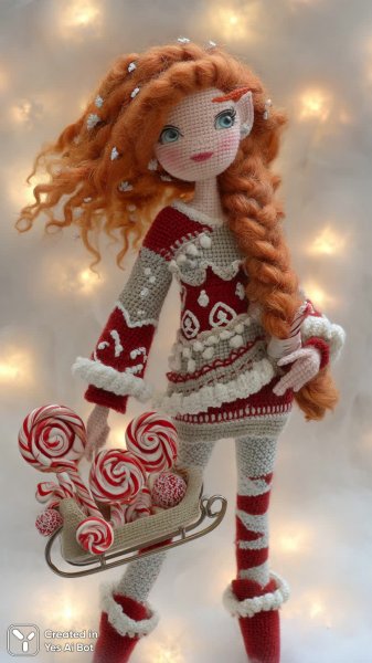 Вязаная кукла с рыжими волосами в праздничной косе и костюме эльфа. Картинка из нейросети Миджорни