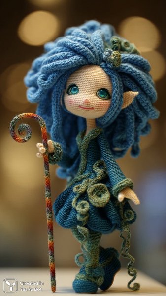 Сказочная кукла с голубыми волосами в костюме эльфа и новогодним настроением. Изображение из нейронной сети Midjourney