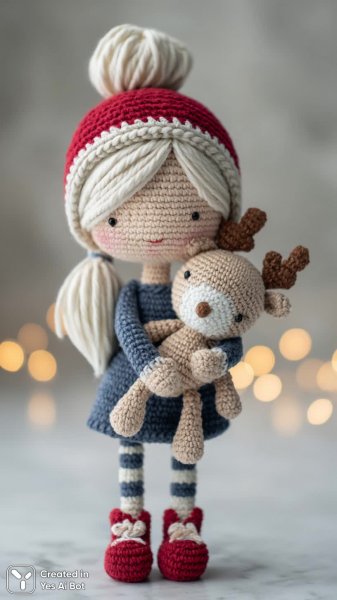 Милая вязаная кукла в новогоднем настроении и с оленем. Нейронная сеть Midjourney
