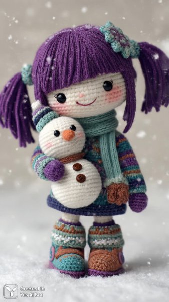 Объемная кукла ручной работы в зимнем наряде с очаровательным снеговиком. Изображение из нейронной сети Midjourney